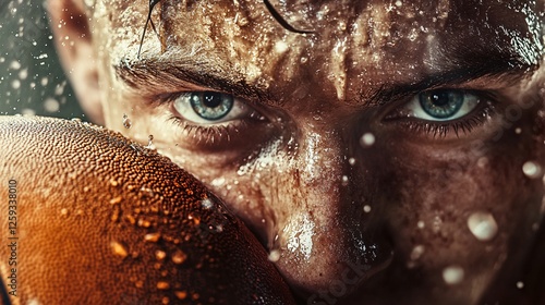 Boxer with glove close up taking break from training photo