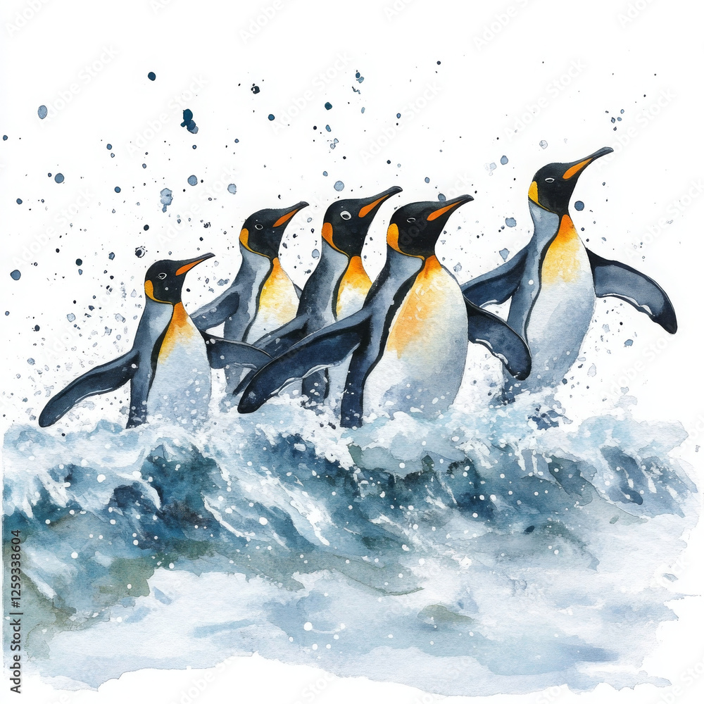 Fototapeta premium Penguins painted in realistic boho style water feel playful and energetic