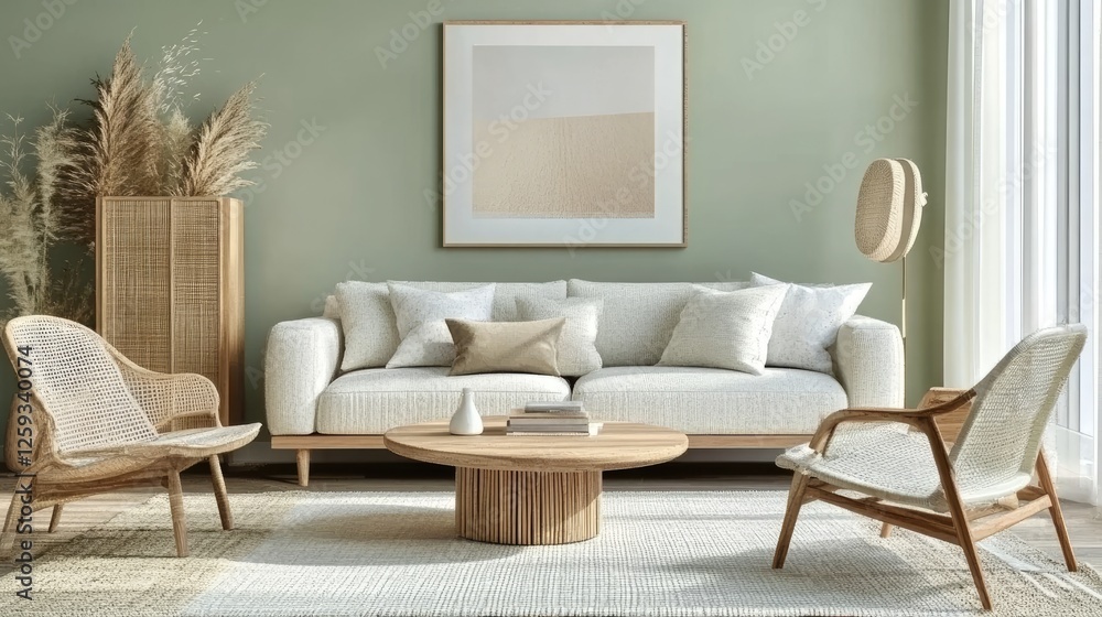 Fototapeta premium A Scandinavian-style living space with mint green walls, neutral furniture, and soft textures.