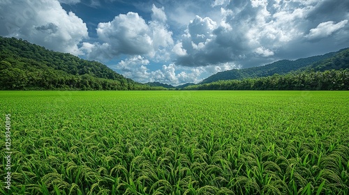 Lush green rice field under a dramatic sky with clouds and mountains in the background