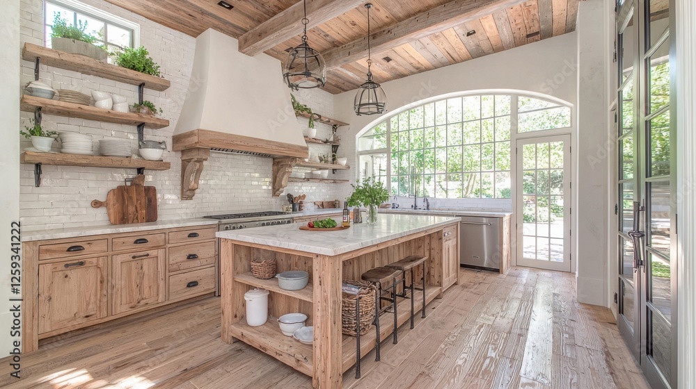 Modern rustic kitchen with wood accents, large windows, and a spacious island for gathering. Modern rustic kitchen with wood accents, large windows, and a spacious island for gathering.