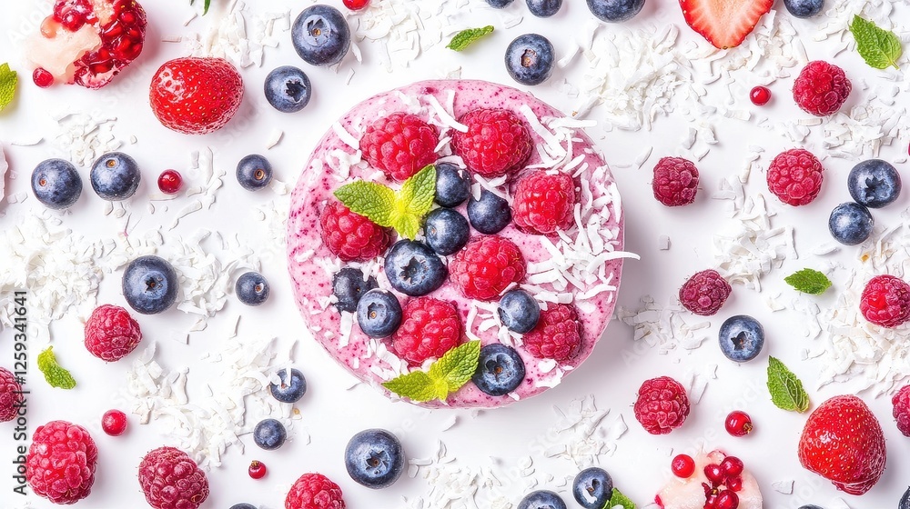 A delicious smoothie bowl, mixed berries, coconut flakes, artistic top view, flat design, pastel, isolated on white background. A delicious smoothie bowl, mixed berries, coconut flakes, artistic top view, flat design, pastel, isolated on white background.