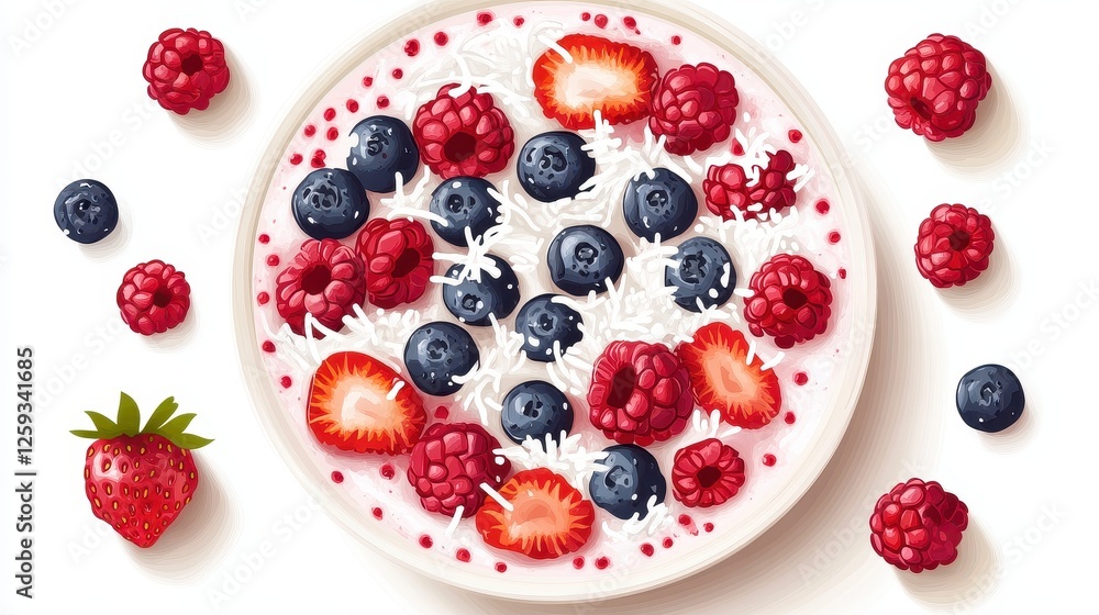 A delicious smoothie bowl, mixed berries, coconut flakes, artistic top view, flat design, pastel, isolated on white background. A delicious smoothie bowl, mixed berries, coconut flakes, artistic top view, flat design, pastel, isolated on white background.