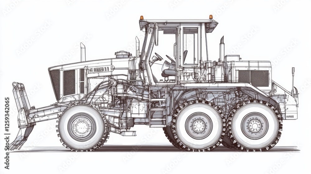 Naklejka premium Detailed Technical Illustration of a Heavy-Duty Grader Vehicle