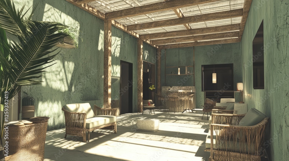 Obraz premium A stylish loft-style living room with muted green walls, exposed wood textures, and modern furniture.