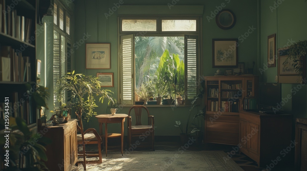 Obraz premium A tranquil nature-infused living room with muted green walls, wooden furniture, and earth-toned textiles.