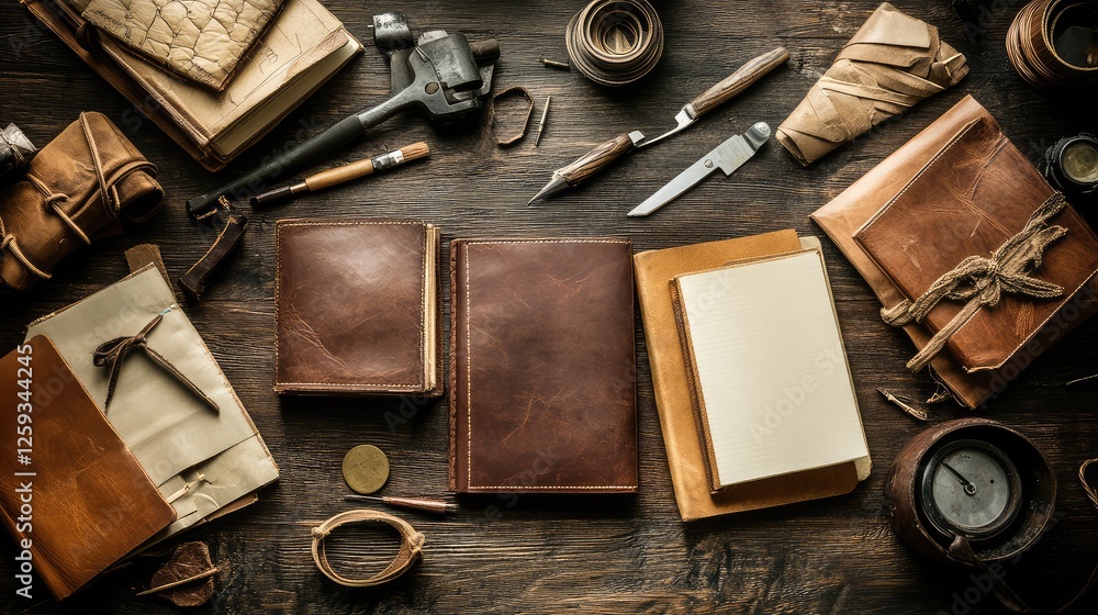 A cozy bookbinding workspace with handmade journals, leather covers, and crafting tools on a wooden desk. Copy space. A cozy bookbinding workspace with handmade journals, leather covers, and crafting tools on a wooden desk. Copy space.