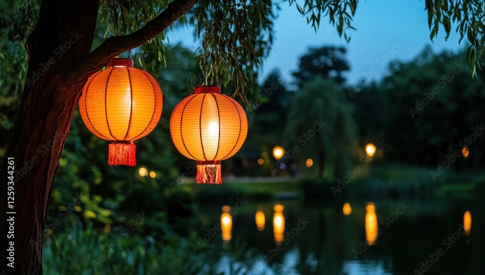 Serene Night at the Lake with Illuminated Lanterns