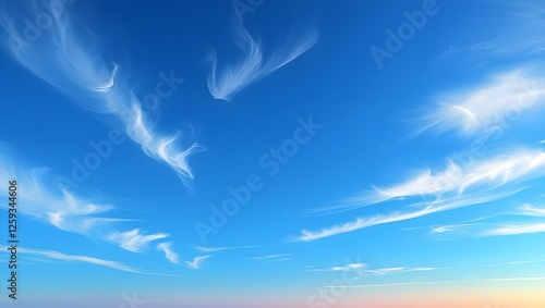 Fototapeta Naklejka Na Ścianę i Meble -  A serene and vibrant blue sky with a few wispy white clouds scattered across it, set against a subtle gradient of light blue towards the horizon, evoking a sense of calmness and tranquility, with a sl