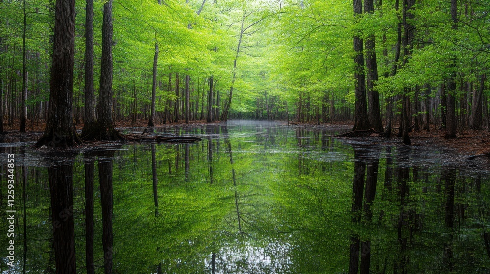 Springtime Forest Reflecting In Still Water