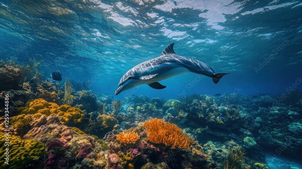Obraz premium Dolphin swimming coral reef ocean underwater wildlife