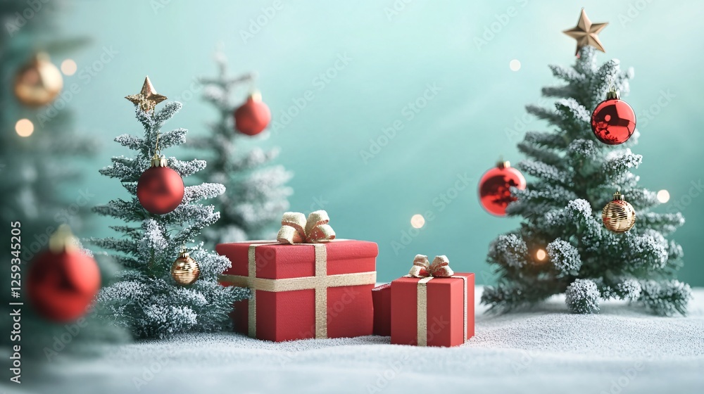 Christmas presents resting under decorated christmas trees with snow falling Christmas presents resting under decorated christmas trees with snow falling