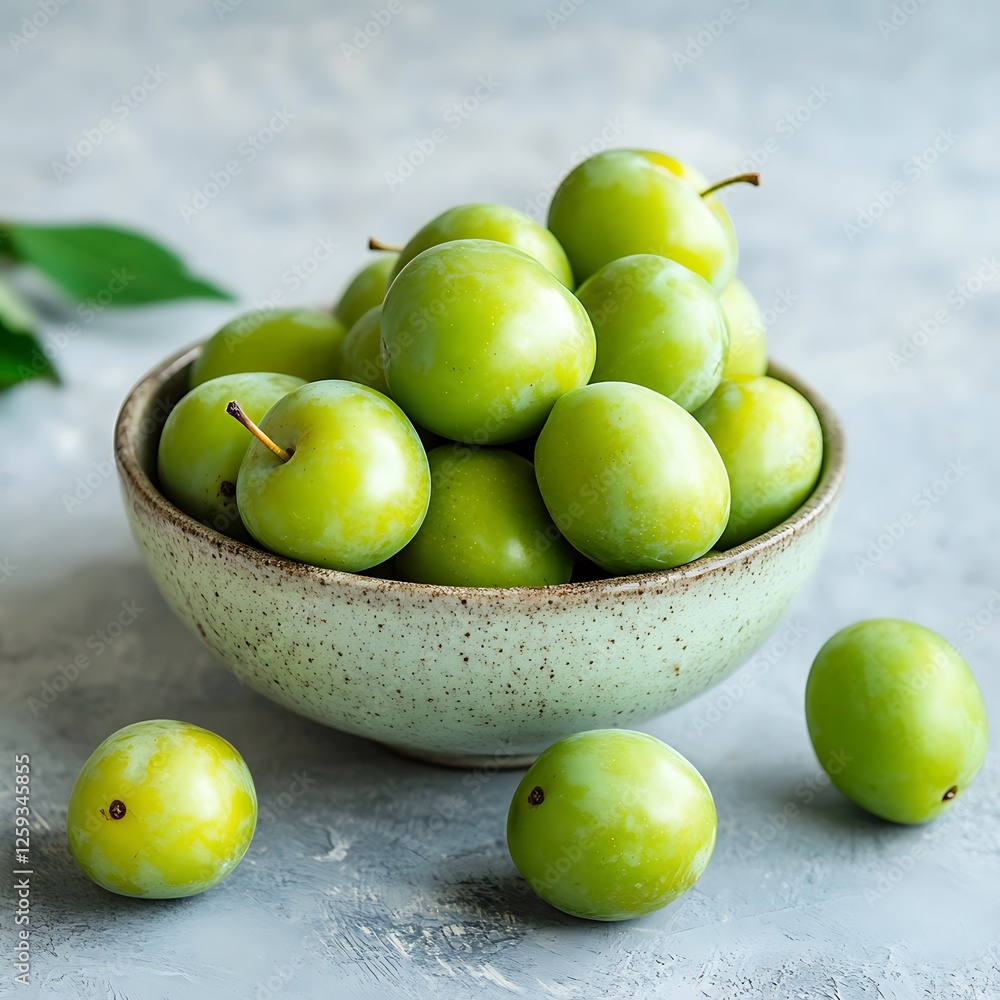 Fresh green plums in a bowl on a gray concrete background. Fresh green plums in a bowl on a gray concrete background.