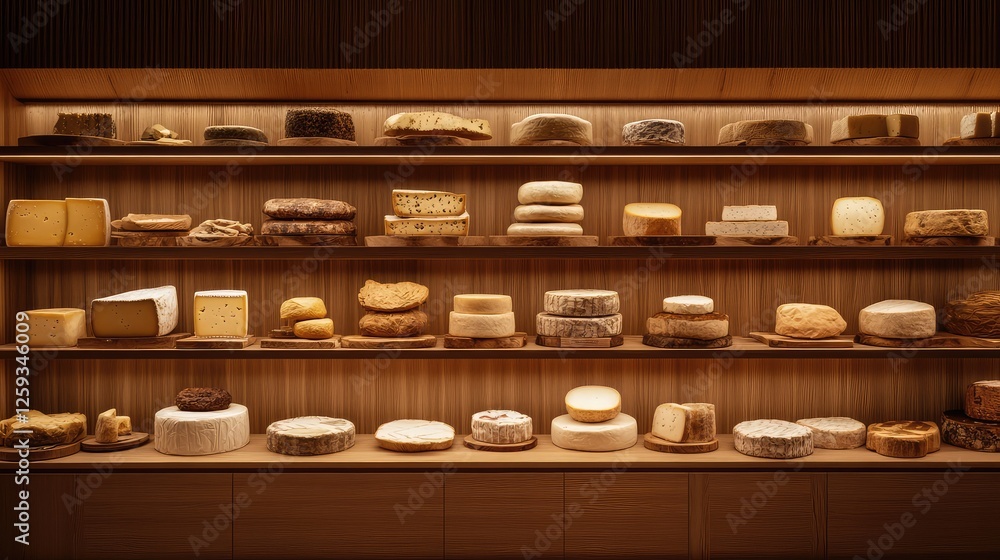 A family-owned cheese shop with wooden shelves displaying aged cheeses and tasting boards. Copy space. A family-owned cheese shop with wooden shelves displaying aged cheeses and tasting boards. Copy space.