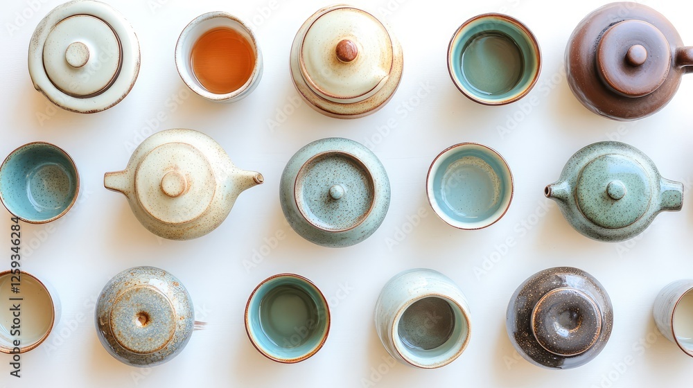 A flat lay of handcrafted ceramic teapots and cups with a minimalist design. Copy space. A flat lay of handcrafted ceramic teapots and cups with a minimalist design. Copy space.
