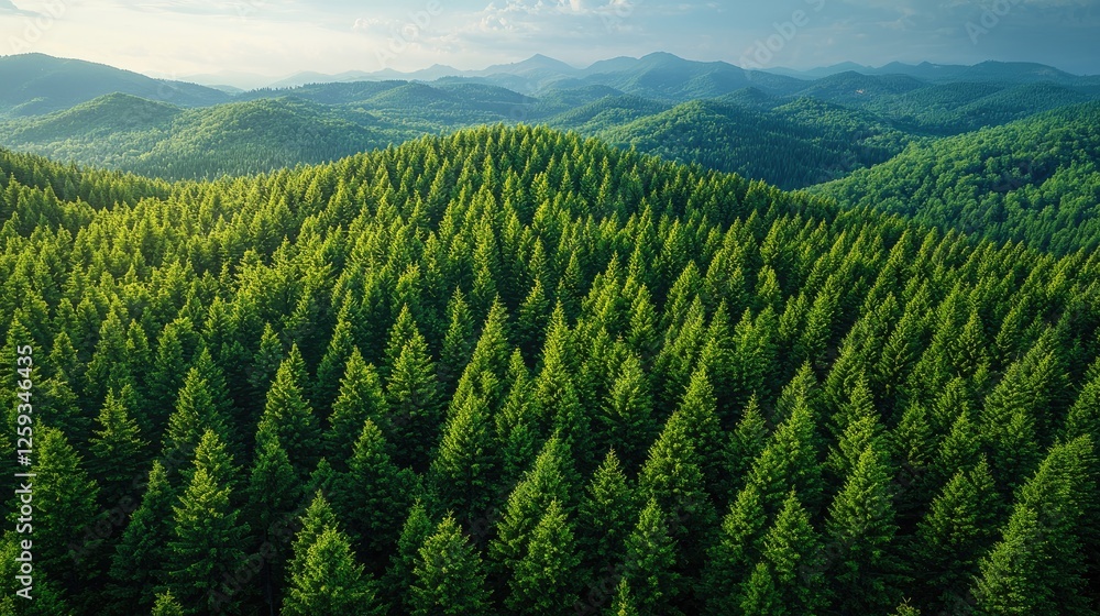 Lush green forest landscape with rolling hills under a bright sky, showcasing nature's beauty Lush green forest landscape with rolling hills under a bright sky, showcasing nature's beauty