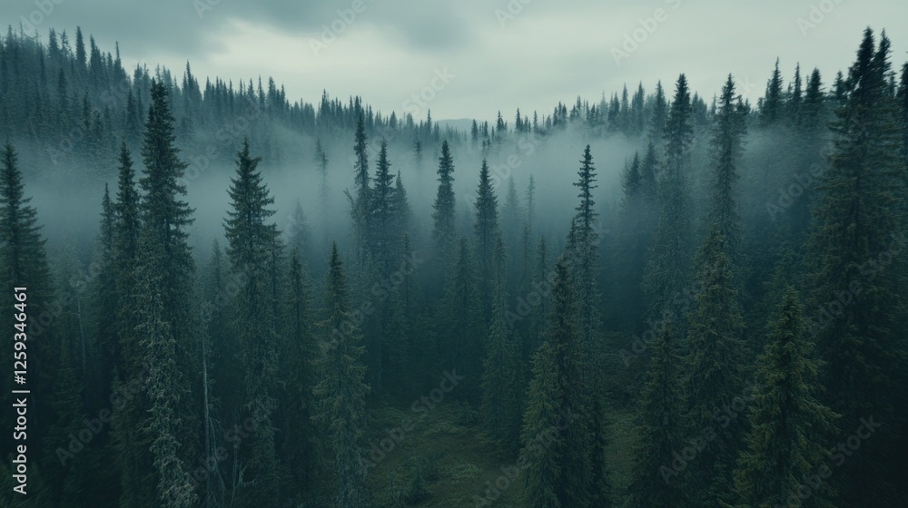 Obraz premium Misty Evergreen Forest Enveloped In Fog