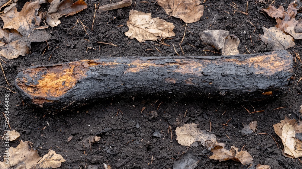 Charred log resting on dark soil surrounded by fallen leaves in a natural setting Charred log resting on dark soil surrounded by fallen leaves in a natural setting