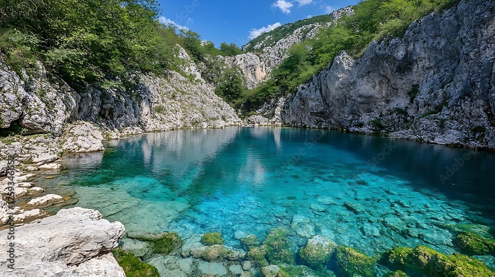 Serene turquoise lake nestled in a rocky mountain gorge. Perfect for travel brochures or nature documentaries Serene turquoise lake nestled in a rocky mountain gorge. Perfect for travel brochures or nature documentaries