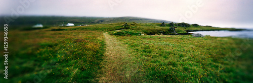 Panoramic landscape along coast, Vatnsnes Peninsula, Westfjords, Iceland.