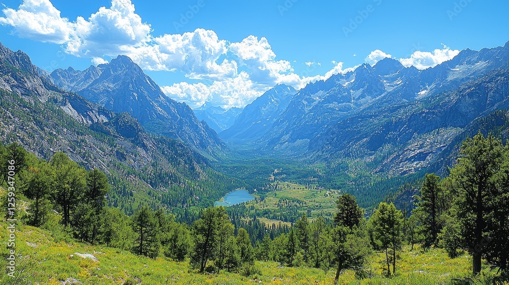 Fototapeta premium Scenic mountain valley with lush greenery, a serene lake, and dramatic peaks under a bright sky
