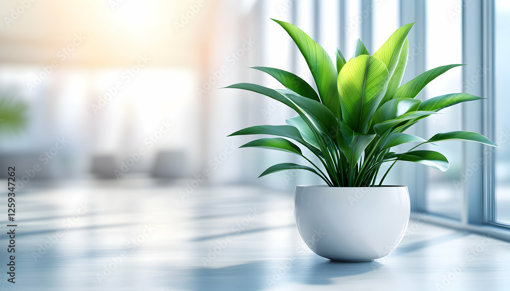 Serene indoor plant in a modern white pot, sits near bright window in a minimalist office space. Ideal for wellness, home decor, or corporate imagery. Serene indoor plant in a modern white pot, sits near bright window in a minimalist office space. Ideal for wellness, home decor, or corporate imagery.