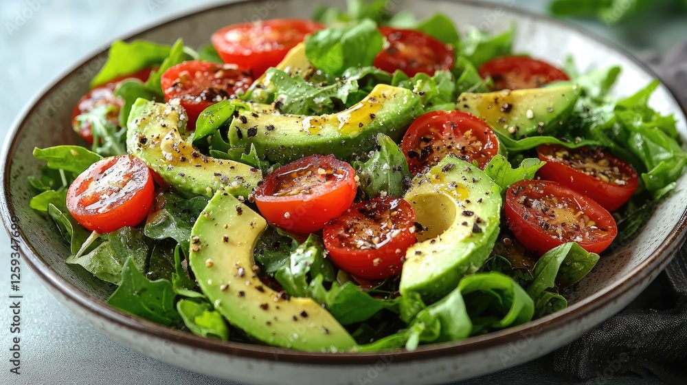Fresh salad with ripe tomatoes and sliced avocado on a rustic plate, set against a tranquil kitchen backdrop Fresh salad with ripe tomatoes and sliced avocado on a rustic plate, set against a tranquil kitchen backdrop