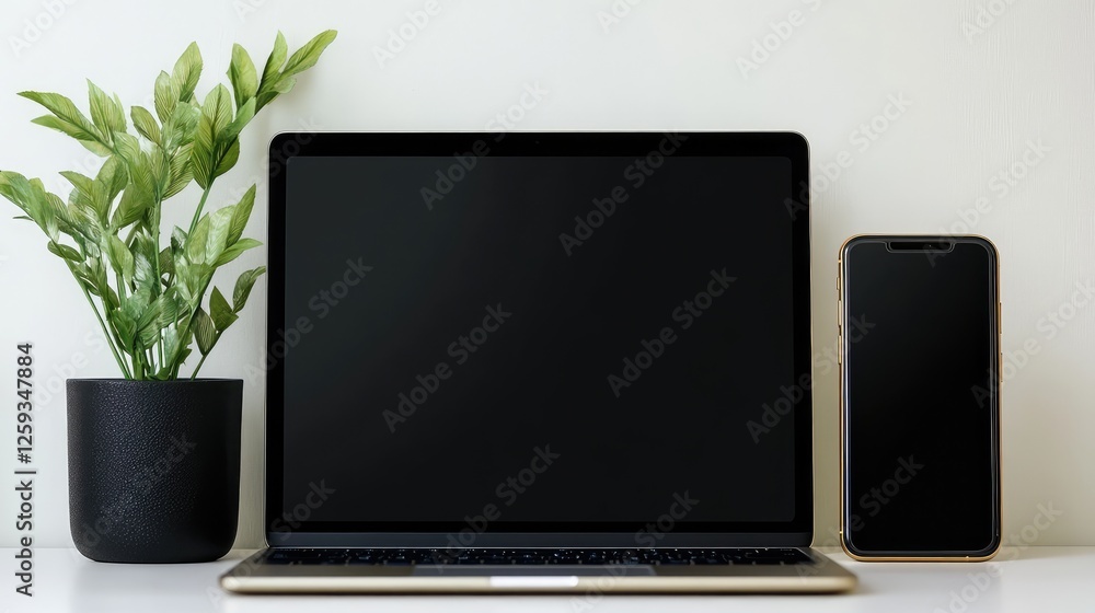 Fototapeta premium A hybrid work setup with a tablet, smartphone, and laptop on a clean white desk, symbolizing remote teamwork. Copy space.