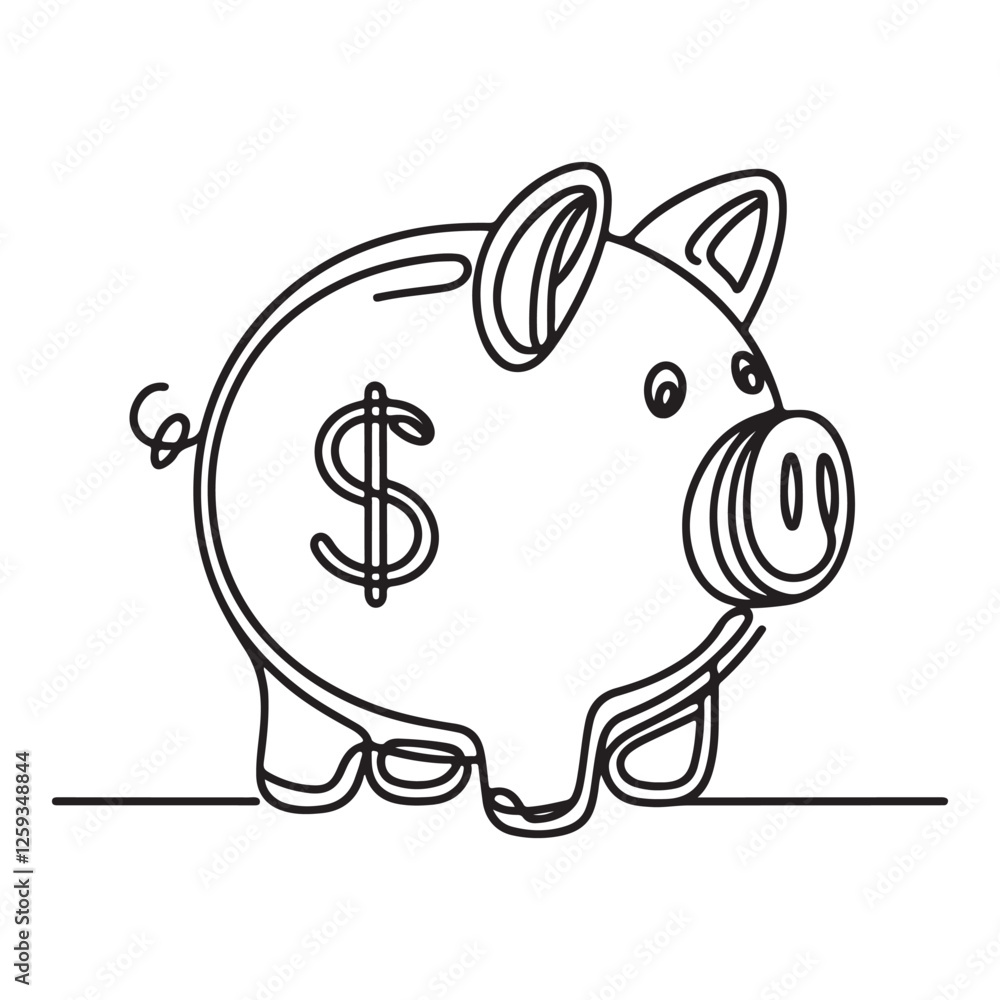 Fototapeta premium continuous one single line art doodle drawing of Piggy bank illustration