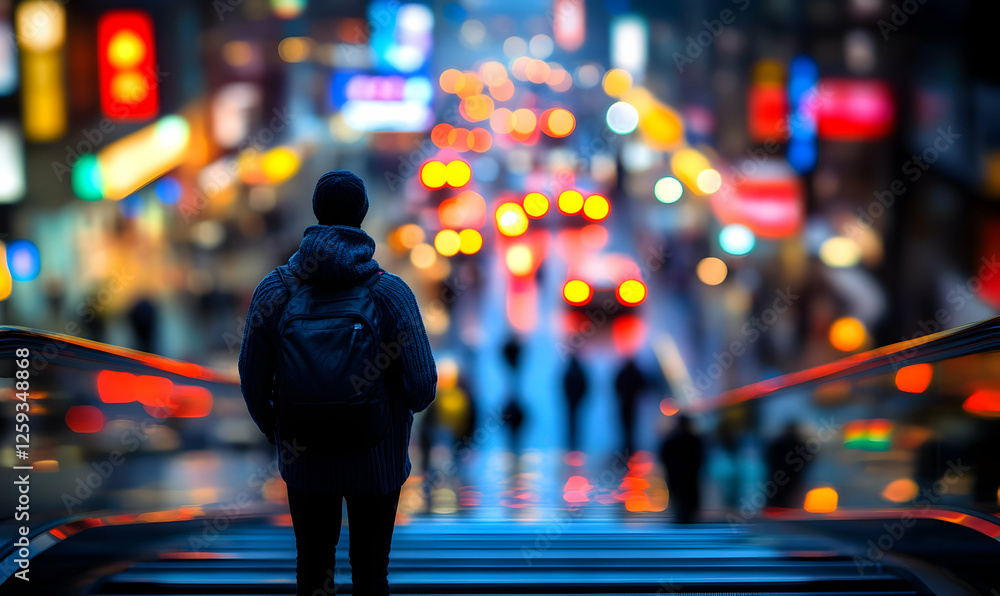Fototapeta premium A lone figure with a backpack stands on an escalator, gazing at a vibrant, blurred cityscape at night. The image evokes a sense of urban exploration and solitude.