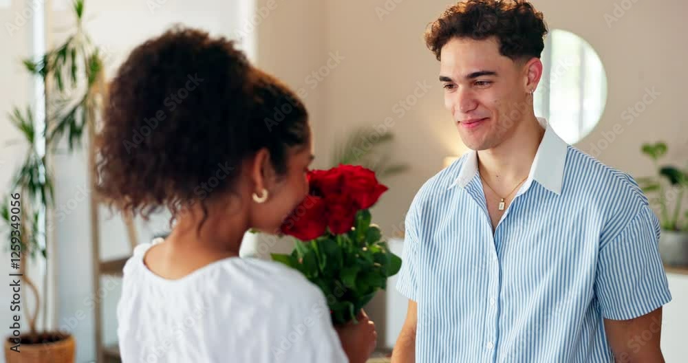 Flowers, present and romance with couple in home together for anniversary or valentines day. Hug, smile and surprise with man giving bouquet to woman in apartment for celebration, gift or love Flowers, present and romance with couple in home together for anniversary or valentines day. Hug, smile and surprise with man giving bouquet to woman in apartment for celebration, gift or love