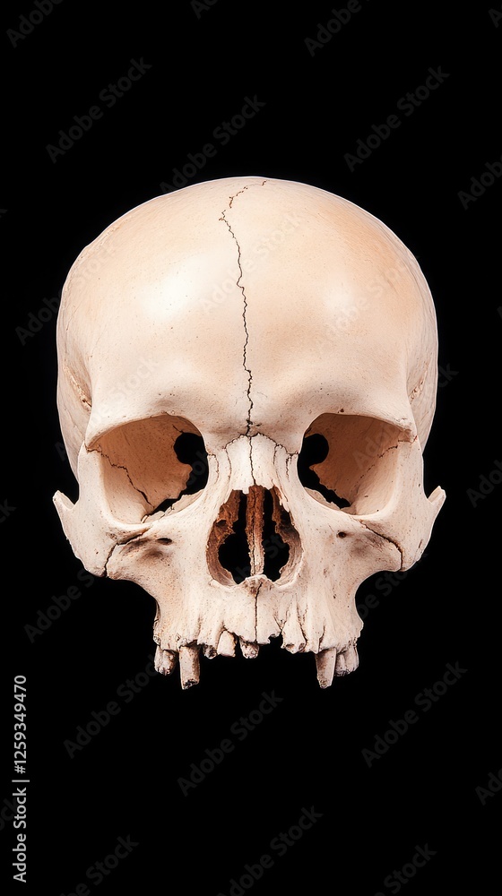 Obraz premium Detailed view of a human skull showcasing anatomical features against a black background