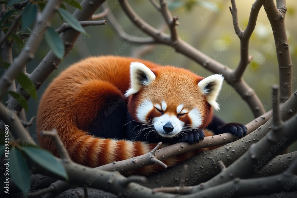 Obraz premium A Red Panda Sleeping in the Branches of a Tree - Generative AI