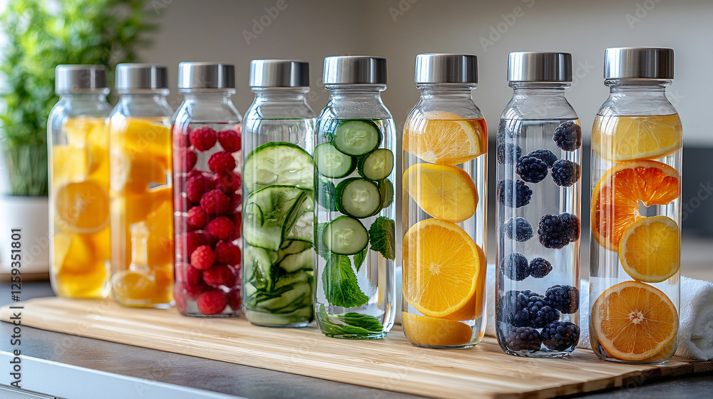 A set of glass bottles filled with fresh cucumber, lemon, and berry-infused water, promoting a healthy and refreshing lifestyle. A set of glass bottles filled with fresh cucumber, lemon, and berry-infused water, promoting a healthy and refreshing lifestyle.
