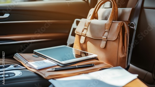 A well-organized briefcase with a tablet, stylus, and business documents on a car seat. Copy space. photo