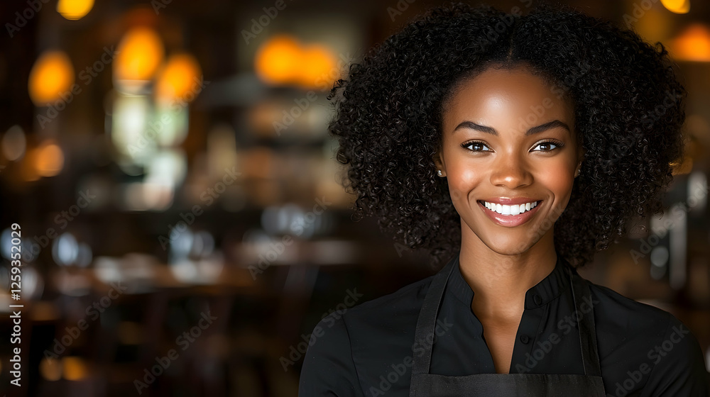 Smiling waitress in restaurant, warm lighting Smiling waitress in restaurant, warm lighting