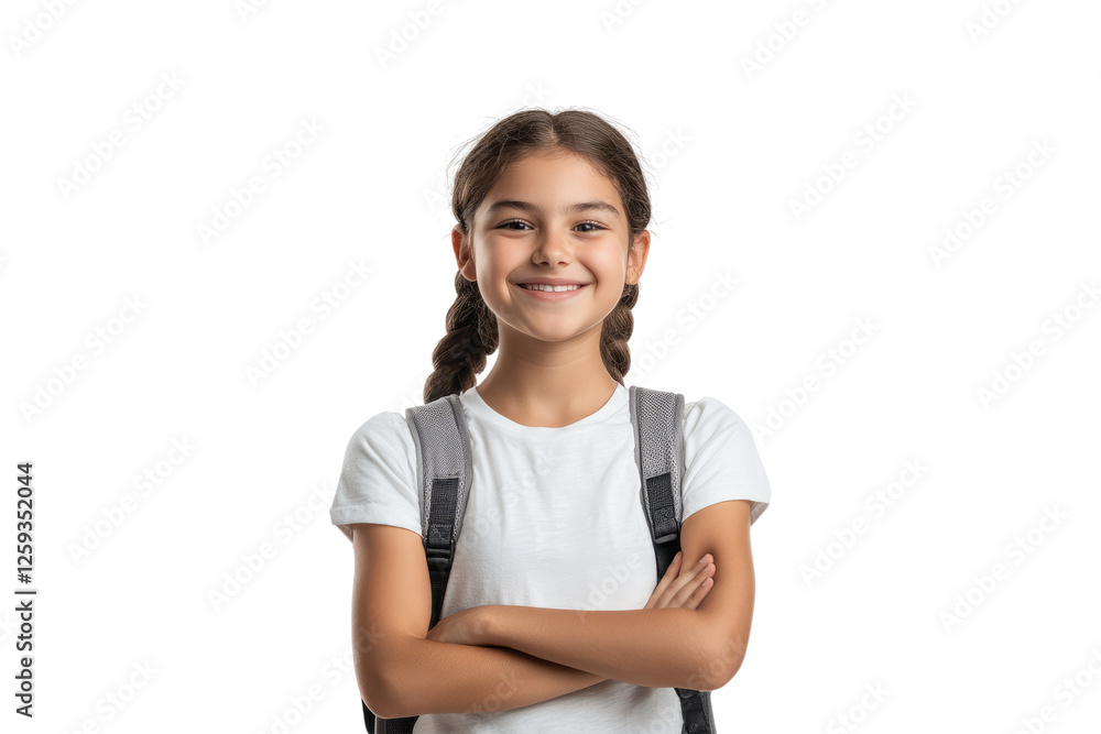 Happy schoolgirl with backpack, smiling at camera isolated on white or transparent, PNG Happy schoolgirl with backpack, smiling at camera isolated on white or transparent, PNG