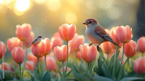 Wallpaper Mural A delicately crafted bouquet of tulips in full bloom with a small bird resting nearby creating a peaceful nature inspired scene Torontodigital.ca