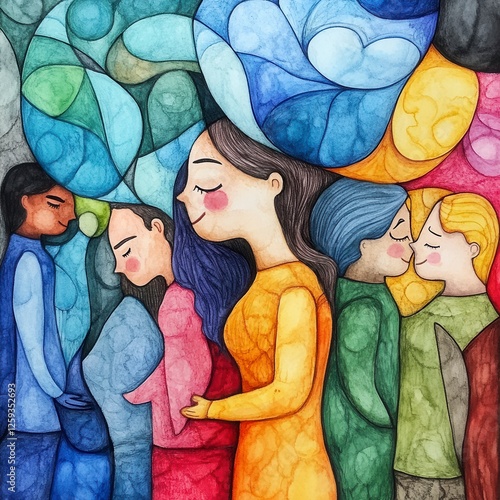 Colorful Watercolor Illustration Of Diverse People In A Group photo