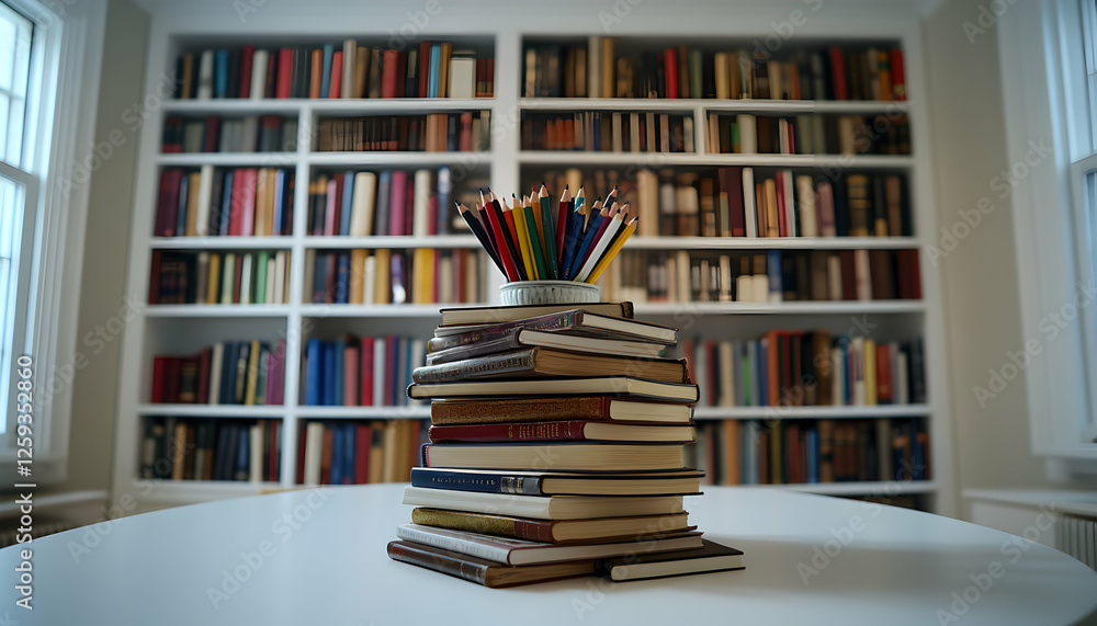 A stack of books sits on a table in front of a large, well-stocked bookcase, featuring colorful pencils. Perfect for education, reading, or knowledge themes. A stack of books sits on a table in front of a large, well-stocked bookcase, featuring colorful pencils. Perfect for education, reading, or knowledge themes.