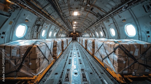 Cargo Plane Interior Filled with Boxes Ready for Air Transport Operations