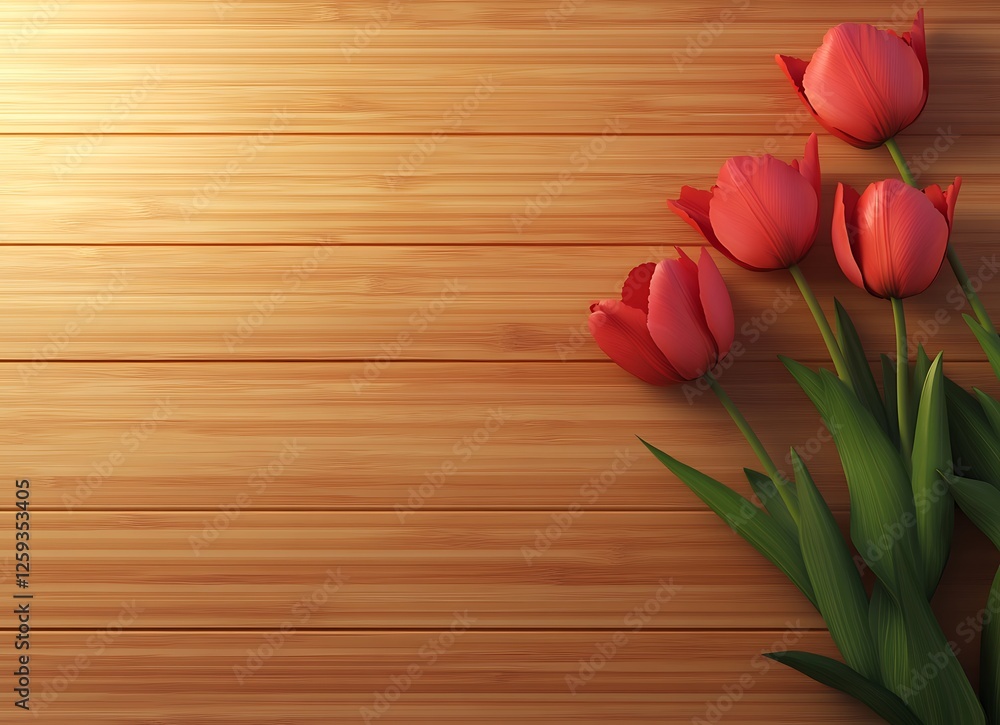 Cluster of Red Tulips on a Warm Wooden Surface Cluster of Red Tulips on a Warm Wooden Surface