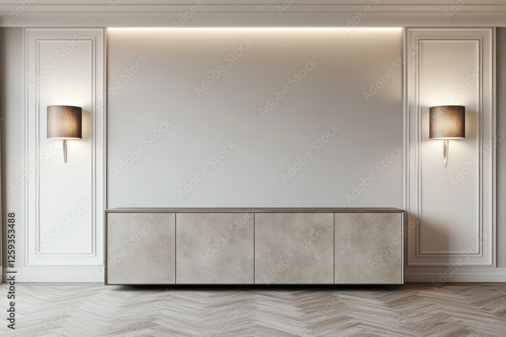Fototapeta premium Modern living room, herringbone floor, wall, sideboard, lamps