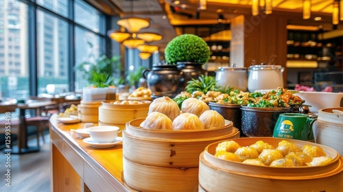 A dim sum restaurant in Hong Kong with bamboo steamers and tea pots, lively atmosphere
