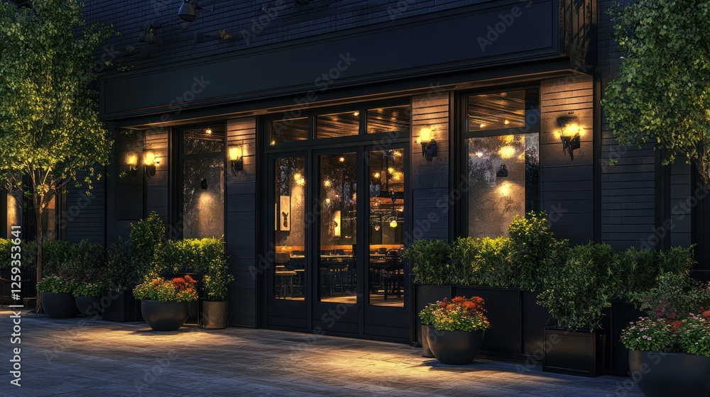 Fototapeta premium Nighttime restaurant exterior, city street, illuminated storefront, plants