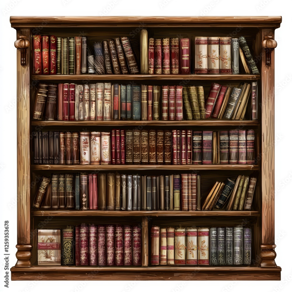 Classic Wooden Bookshelf Filled with Diverse Collection of Colorful Leather-Bound Books in a Cozy Library Setting Classic Wooden Bookshelf Filled with Diverse Collection of Colorful Leather-Bound Books in a Cozy Library Setting