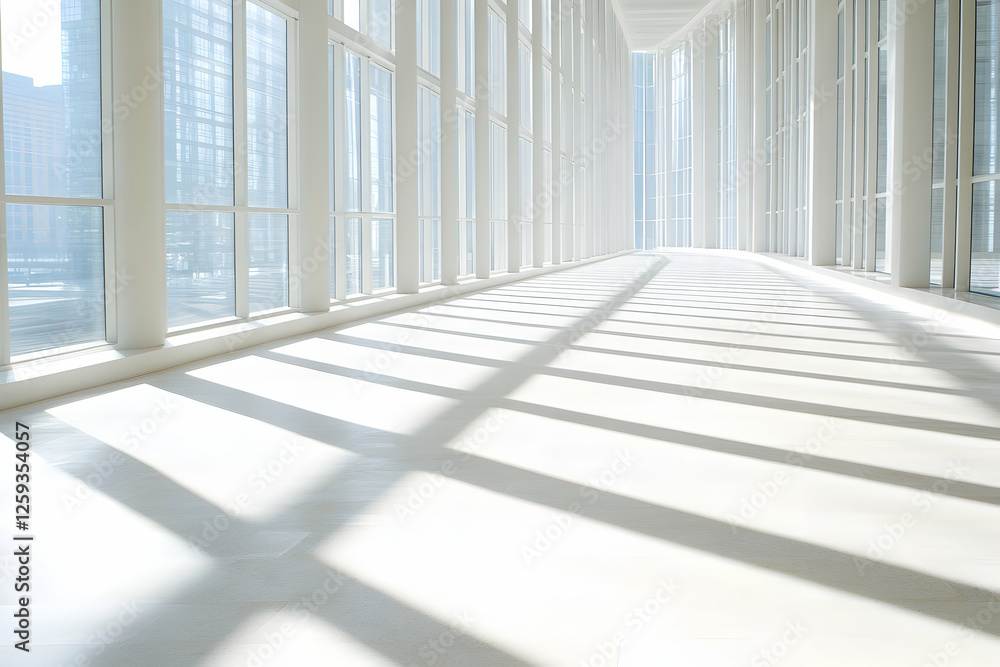 Fototapeta premium Sunlit modern hallway with floor-to-ceiling windows, casting long shadows. Perfect for corporate, minimalist, or architectural designs.