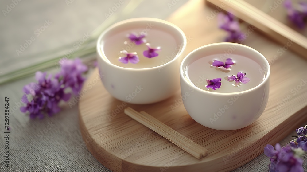 Serene Herbal Infusion: Two Cups of Lavender Tea with Delicate Purple Flowers