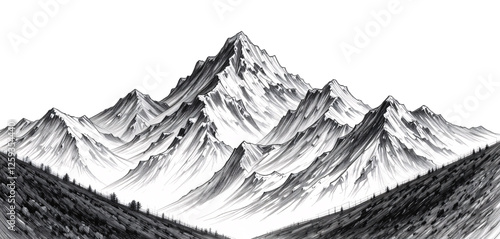 Black and White Sketch of Mountain Range, Ideal for Artistic and Nature Projects photo