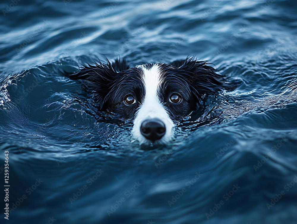 Border Collie Swimming in the Ocean with Small Waves Border Collie Swimming in the Ocean with Small Waves